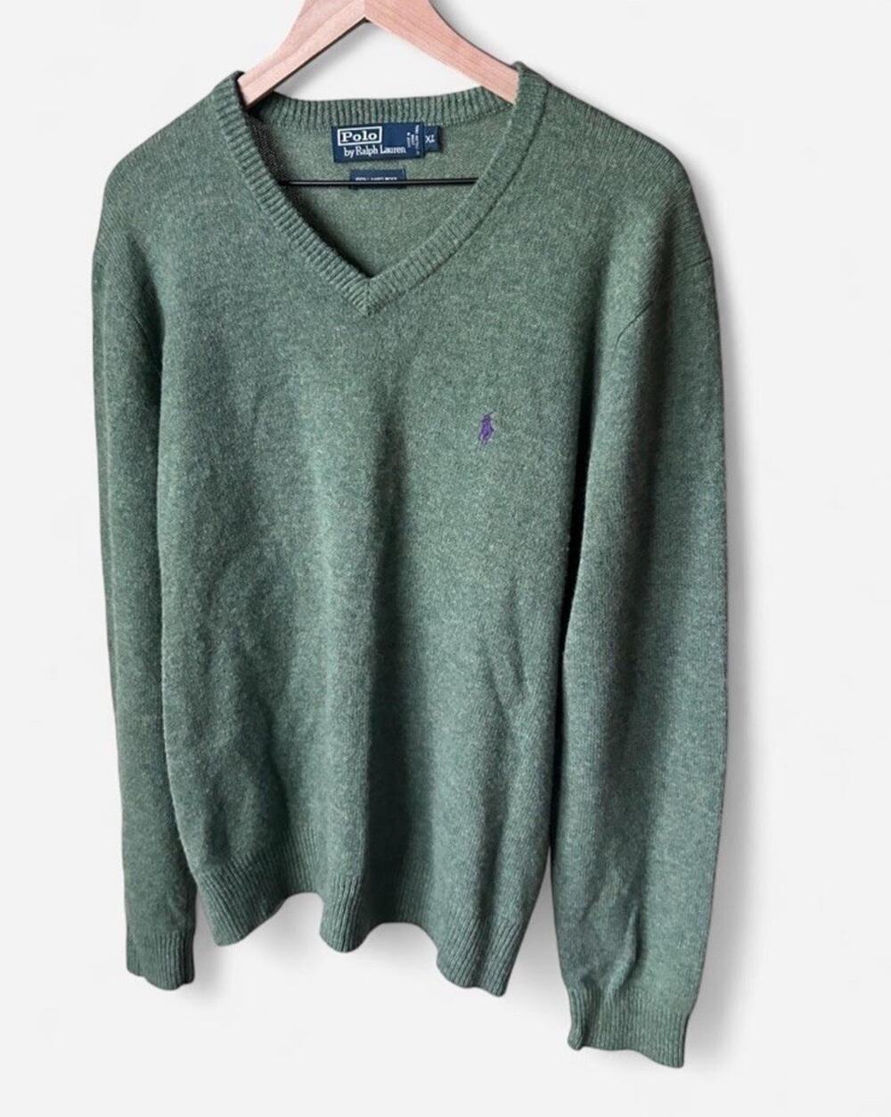 Lambswool Ralph Lauren Men's V-Neck Sweater Green Wool Mens L